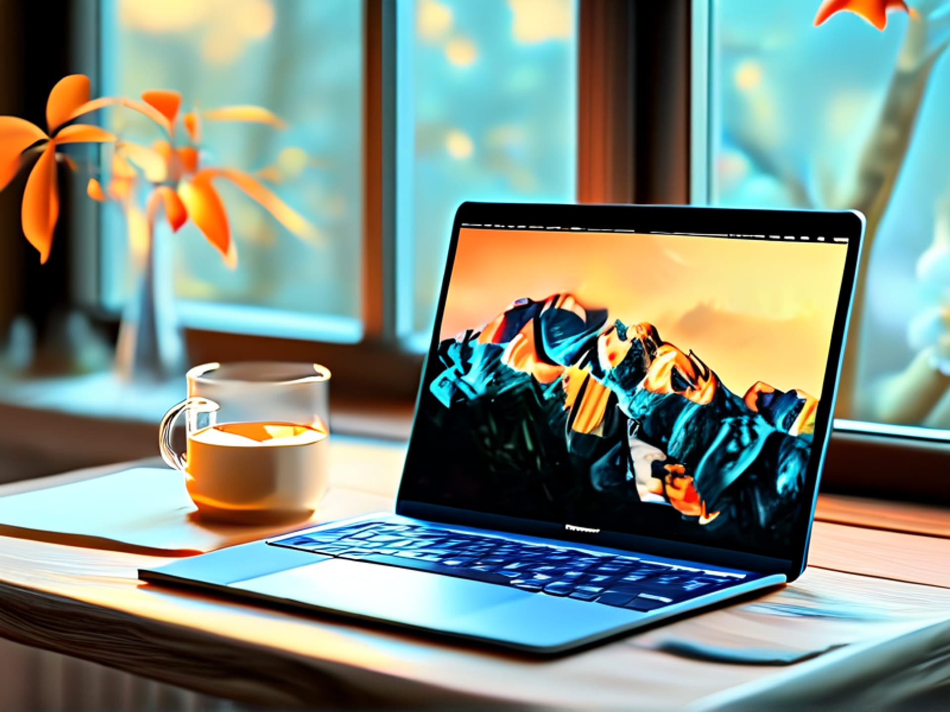 Midjourney prompt: A clean, serene digital dashboard on a laptop screen showing a simple calendar view with colorful scheduled posts, a cup of coffee sits calmly beside it, soft morning light, minimalist aesthetic, 3D render, stylized.
