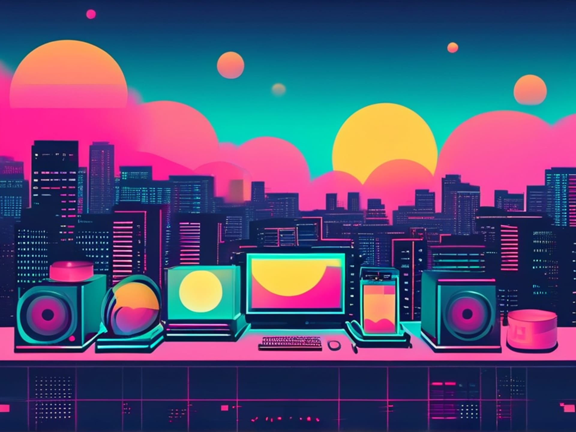 An aspiring entrepreneur, overwhelmed, scrolling multiple chaotic social media feeds on a floating console in a minimalist art style, clean lines, flat design, vibrant contrasting colors, highly detailed, --ar 16:9