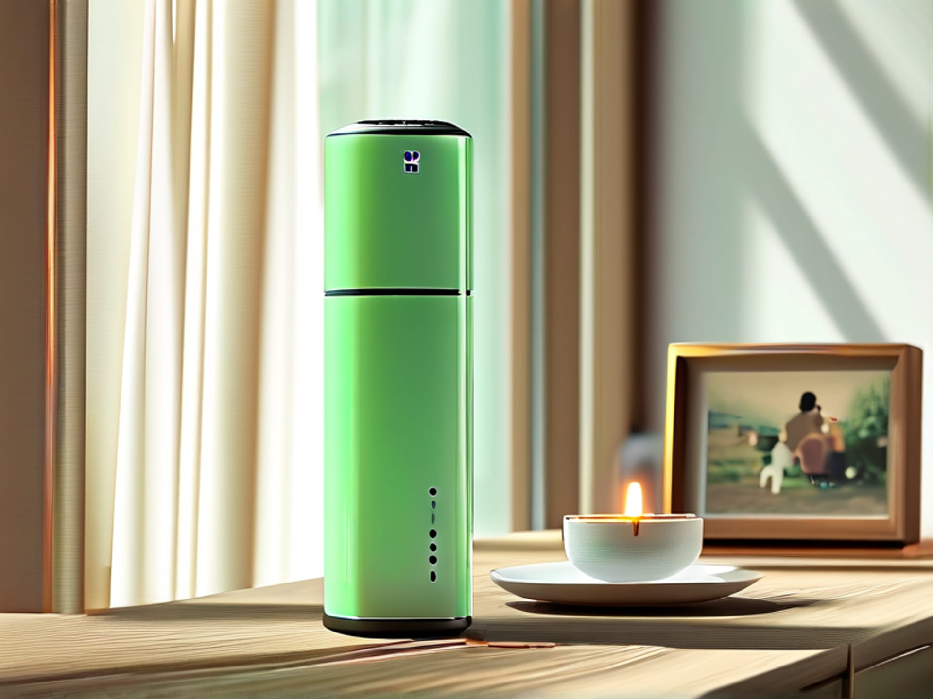 Midjourney Prompt: A modern, sleek smart pill dispenser on a wooden nightstand, next to a framed family photo. A soft, pulsing green light indicates a dose is ready. Early morning light streams through a window. Hyper-realistic product photography, clean focus on the device. --ar 16:9