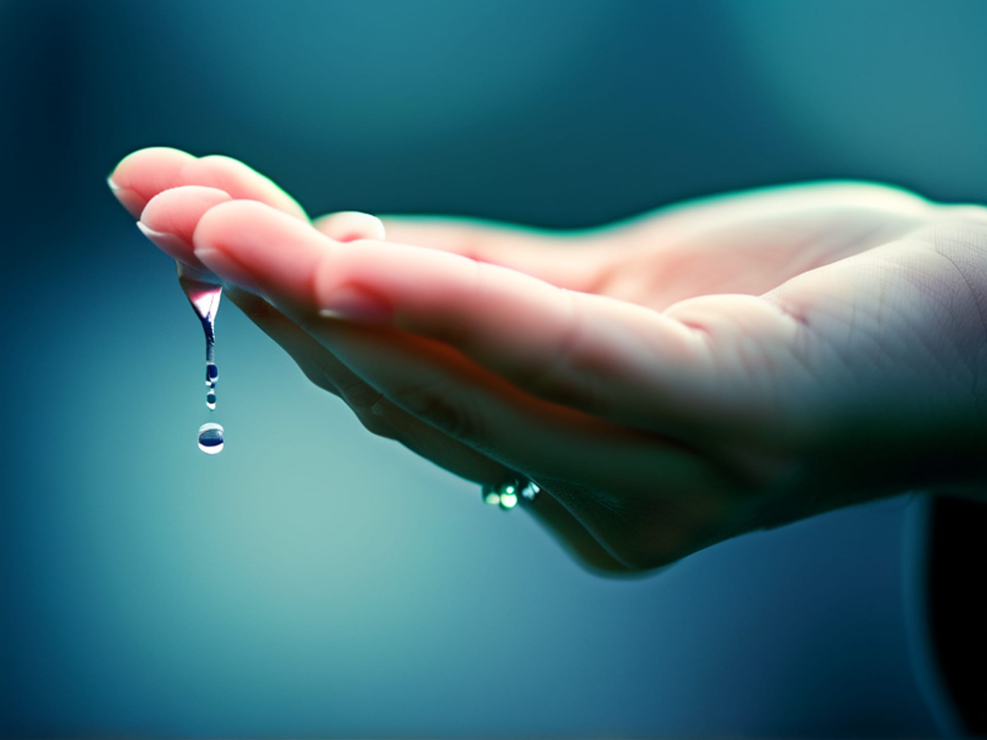 A close-up of a person's open, empty palms, held up softly, as if catching rain. One single, clear drop of water suspended in the air above their left hand. Soothing blue and gray background, minimalist, hyper-detailed, soft focus edges, tranquil mood.