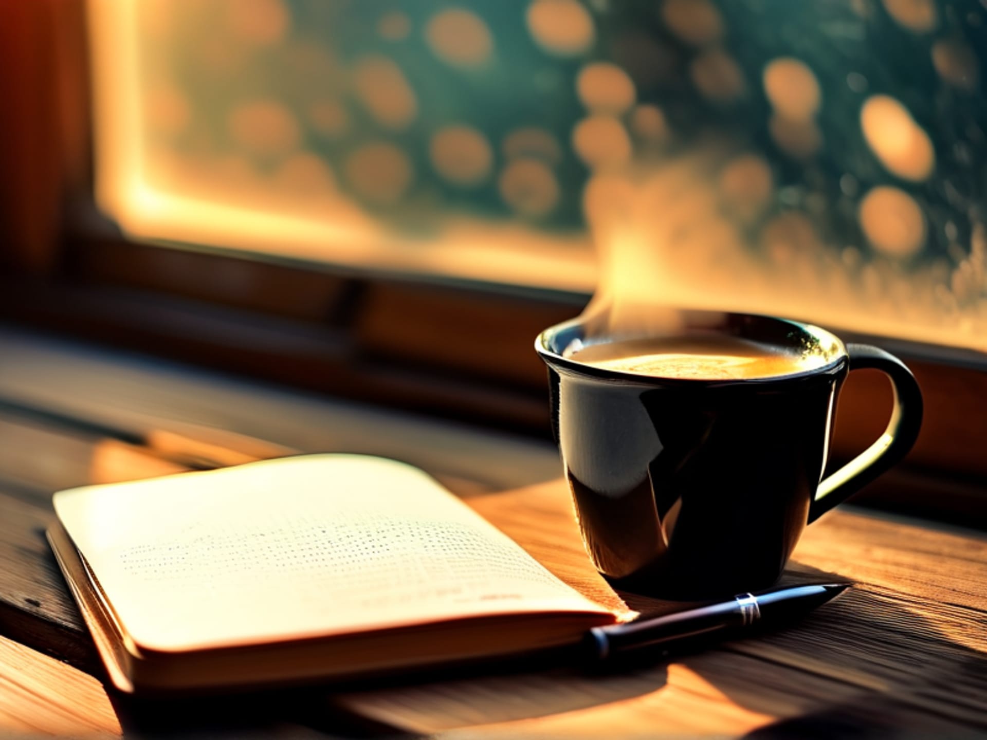 A stylish, open journal on a wooden desk, with a pen and a cup of coffee, sunlight streaming in, cozy and inviting, minimalist aesthetic, warm bokeh, natural light