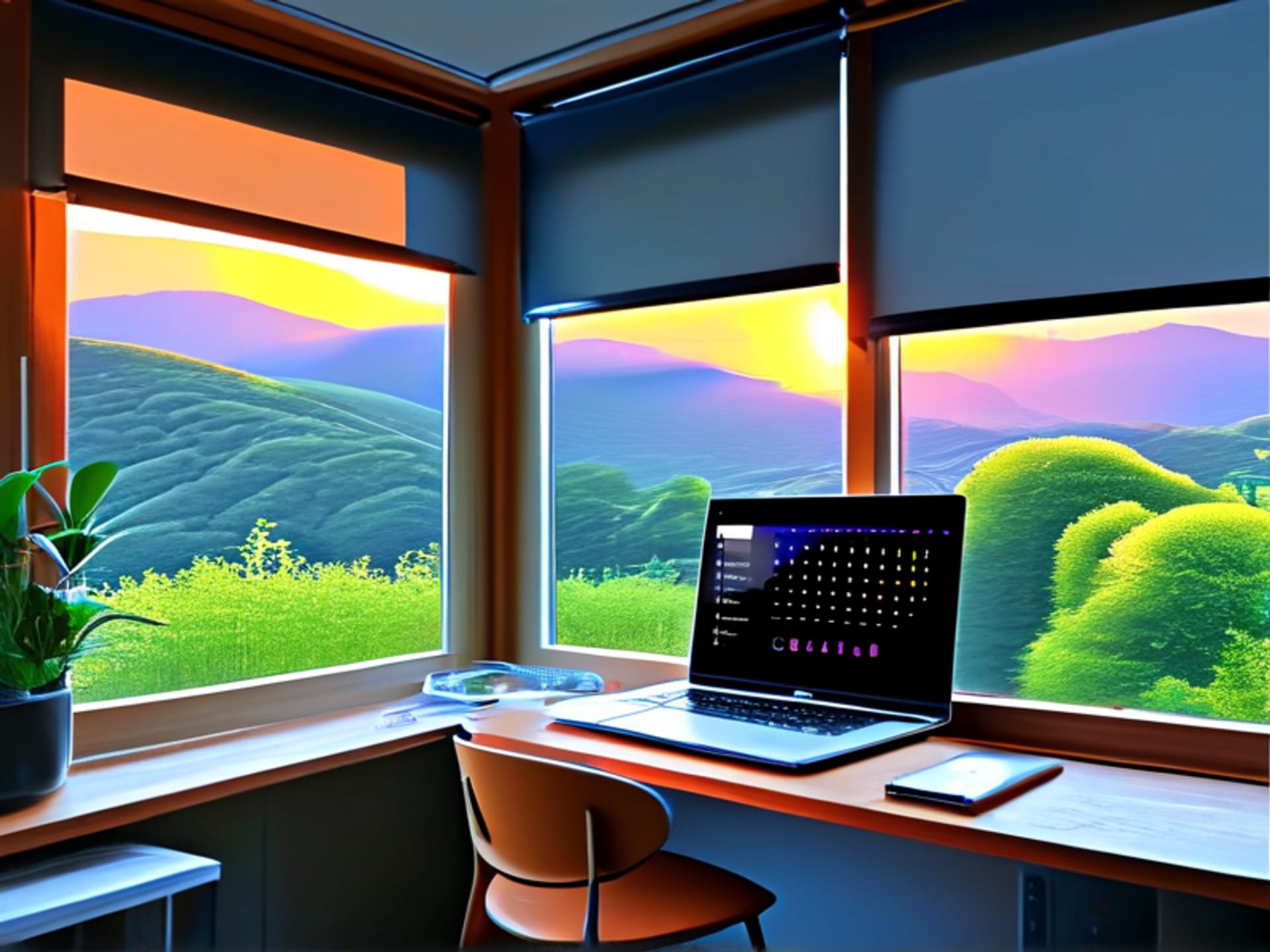 AI Midjourney Prompt: A clean, minimalist home office with large windows, the smart blinds at three different heights, morning sun streaming through partially open slats, smartphone on desk with a simple scheduling app interface visible, bright and airy, photo realistic –ar 16:9
