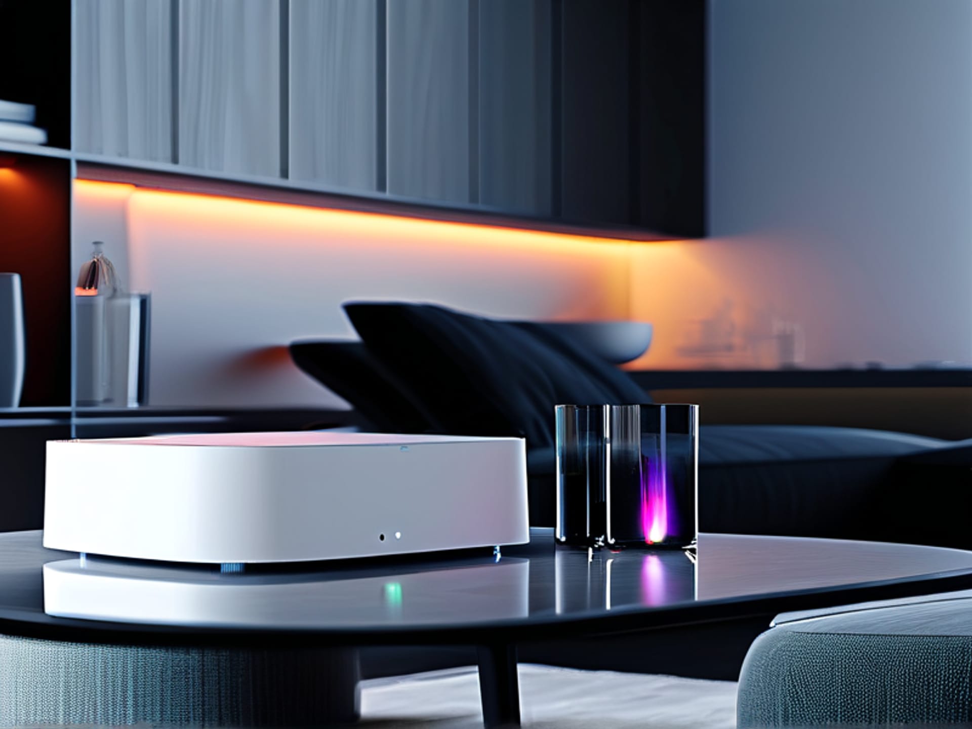 Midjourney Prompt: A clean, minimalist modern living room. On a side table, a sleek, cylindrical air purifier with a glowing particle count display shows 