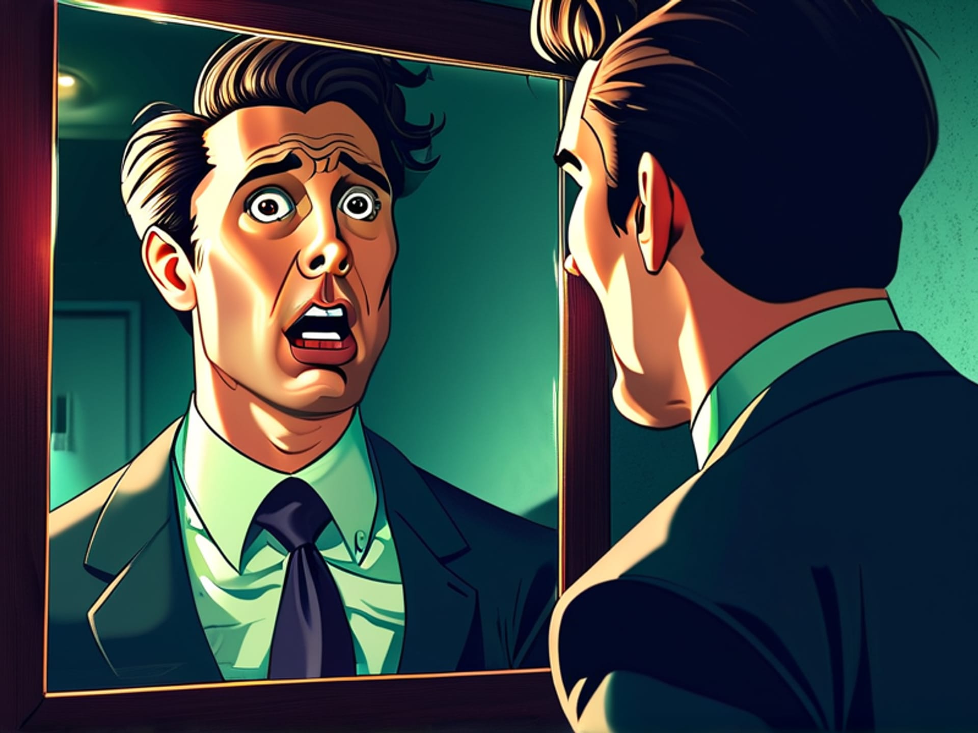 A person is looking into a distorted funhouse mirror that reflects them as a cartoonish, exaggerated caricature of a 'professional' speaker. The real person looks normal and anxious. The contrast is stark, moody, photorealistic.