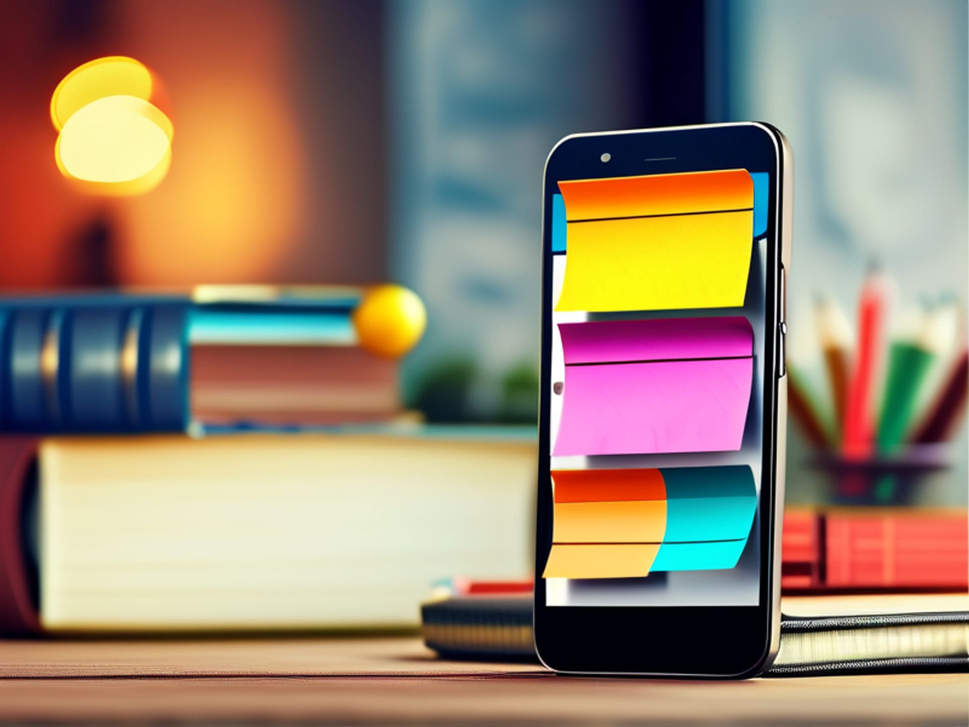 A smartphone screen showing three calendar months. Colorful, labeled sticky notes and simple icons over each week indicating tasks like 'audit', 'content batch', 'report'. Desktop screen in background. Photo-realistic, warm light.