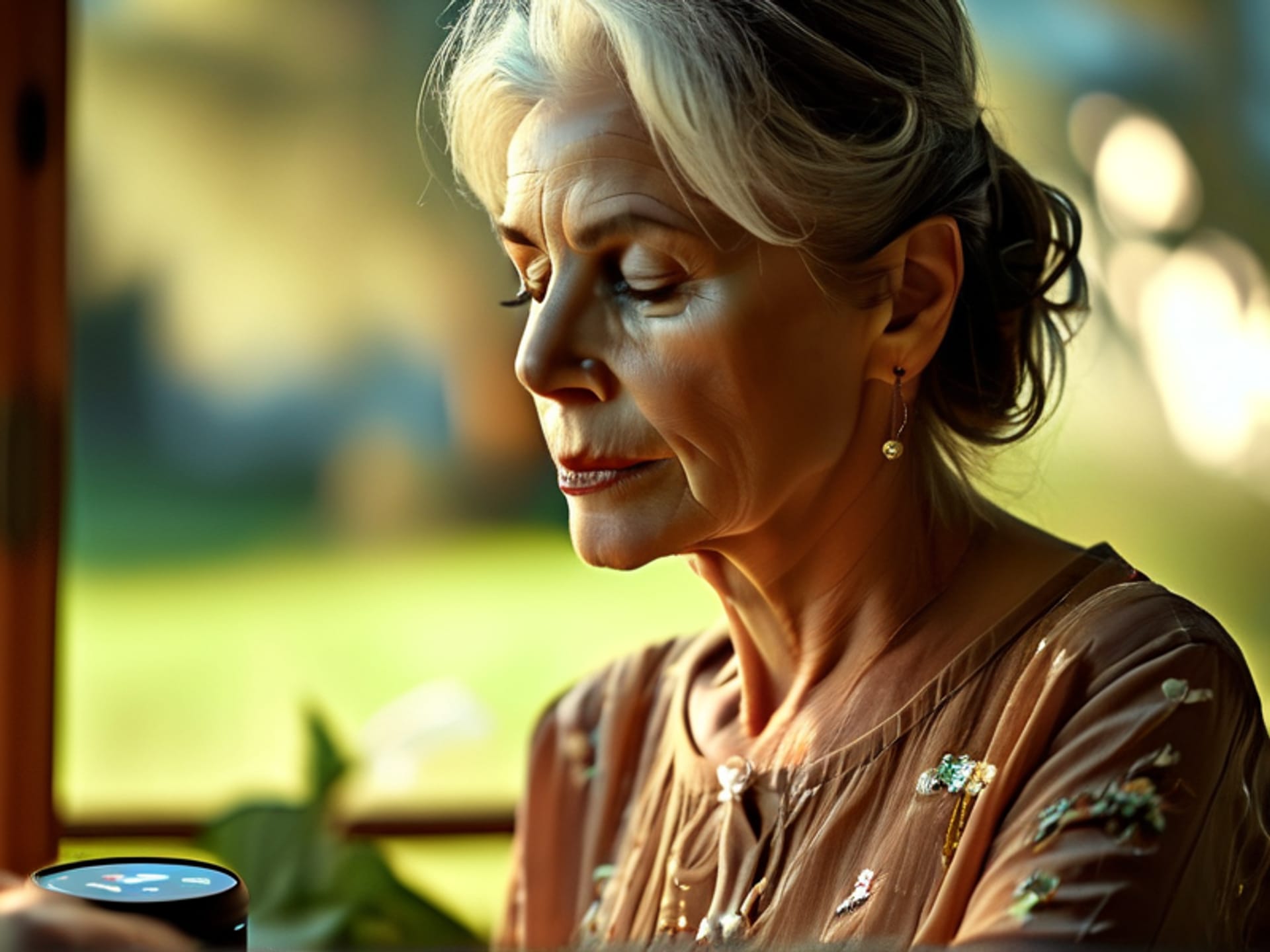 Midjourney prompt: A close-up shot on the wrist of a stylish 70-year-old woman, showing her smartwatch display detecting a hard fall. The screen shows an alert icon. In the soft-focus background, she is gardening. Style: Lifestyle photography, aspirational and active, high detail on the device. Lighting: Dappled afternoon sunlight. Aspect: 4:3