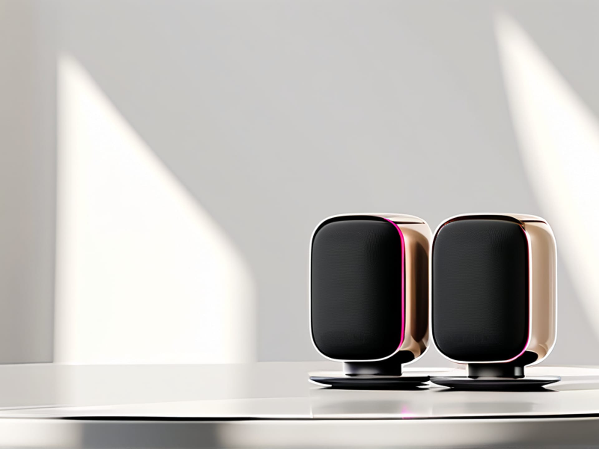 Midjourney Prompt: A clean, minimal tabletop with three popular smart speakers (Amazon Echo, Google Nest, Apple HomePod) side-by-side, viewed from a slight low angle. Soft shadows, studio lighting on white background. Product photography, focus on design.