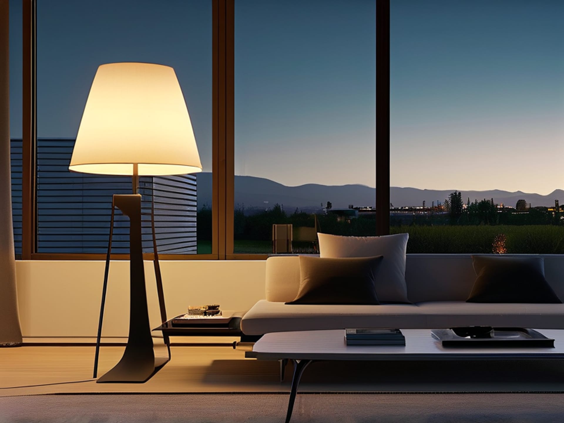 Interior design render, mid-century modern living room at dusk, a sleek black smart plug is visible by a stylish floor lamp. The lamp is warm, the rest of the room is shadowy. The overall lighting feels intentional and relaxing. Shot from a low angle, filmic tone, soft natural light from a large window.