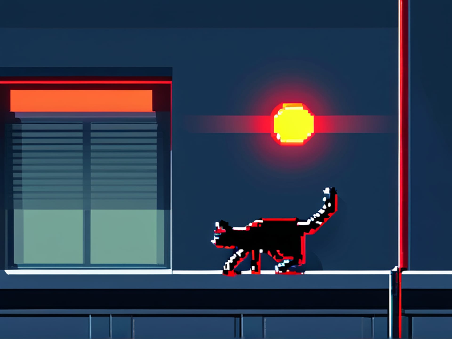 A standard PIR (passive infrared) motion sensor mounted on a wall, with a pixelated ‘ghost’ image of a cat’s motion path in front of it, indicating its detection zone. Technical illustration style, clean lines, with a red alert icon glowing