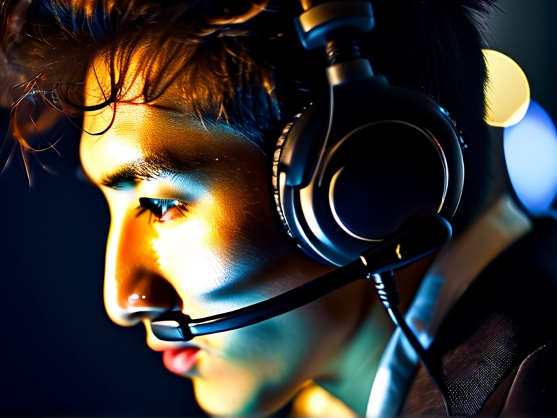 A close-up side profile of a person speaking into a headset microphone. The mic is positioned correctly near the corner of their mouth. They are speaking with calm confidence. Studio lighting, sharp focus on the mic --ar 4:3