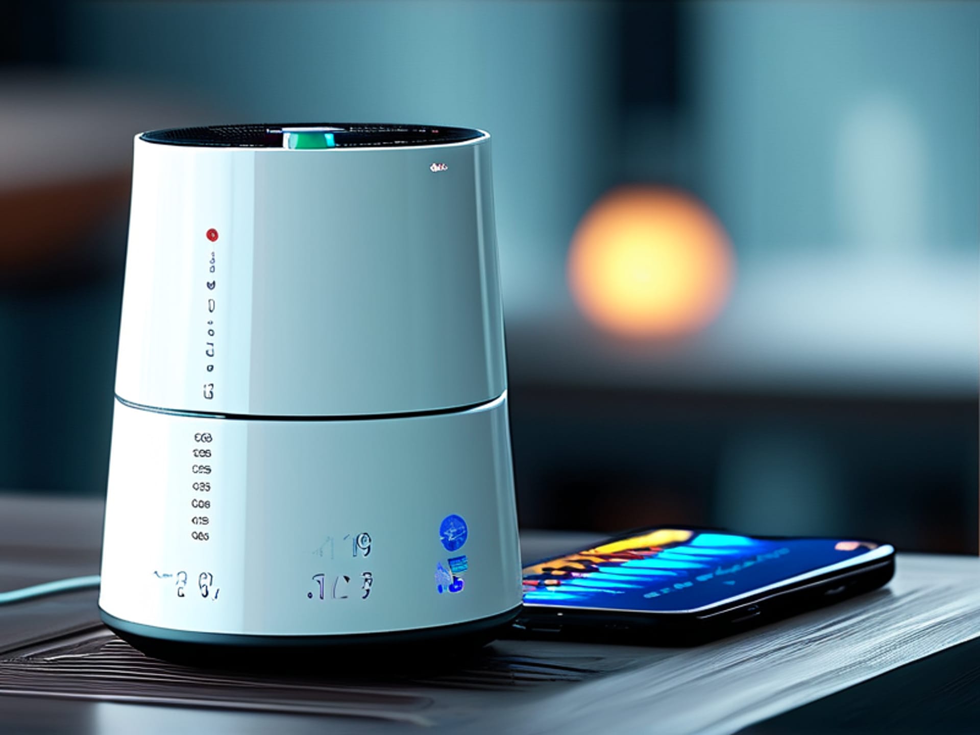 Midjourney/Stable Diffusion prompt: Close-up of a stylish, minimalist smart humidifier dashboard on a smartphone screen. Screens show data readings for room humidity (53%), temperature, and a schedule. A graph tracks humidity levels over a day. Visual focus on clean, user-friendly design. Style: clean tech interface, sharp focus, digital illustration aesthetic. --ar 1:1