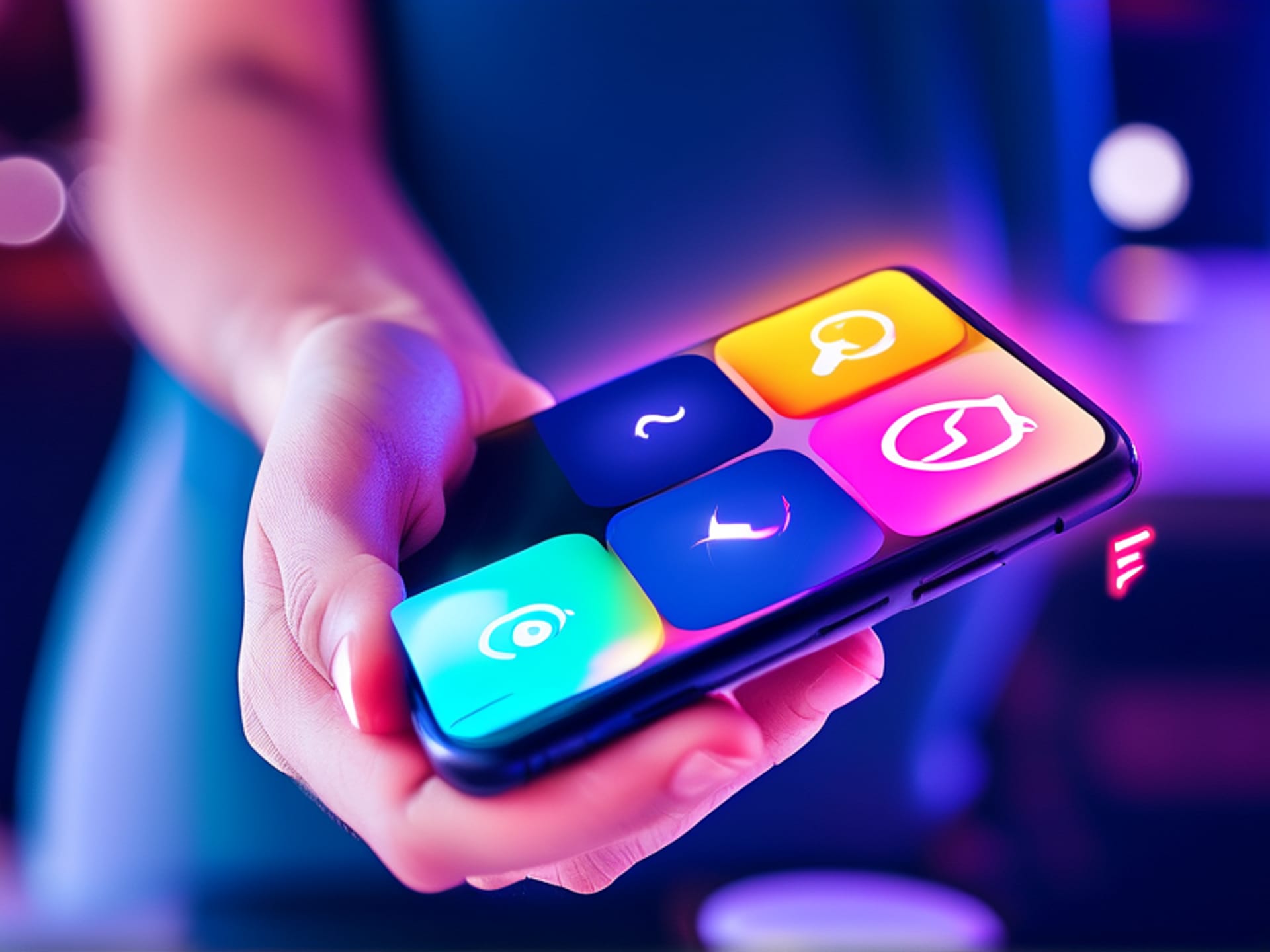 A person's hands holding a phone. The screen is split into four different vibrant, stylized social media app icons. The person's thumb is hovering, about to tap one. Glowing, digital aesthetic, shallow depth of field.