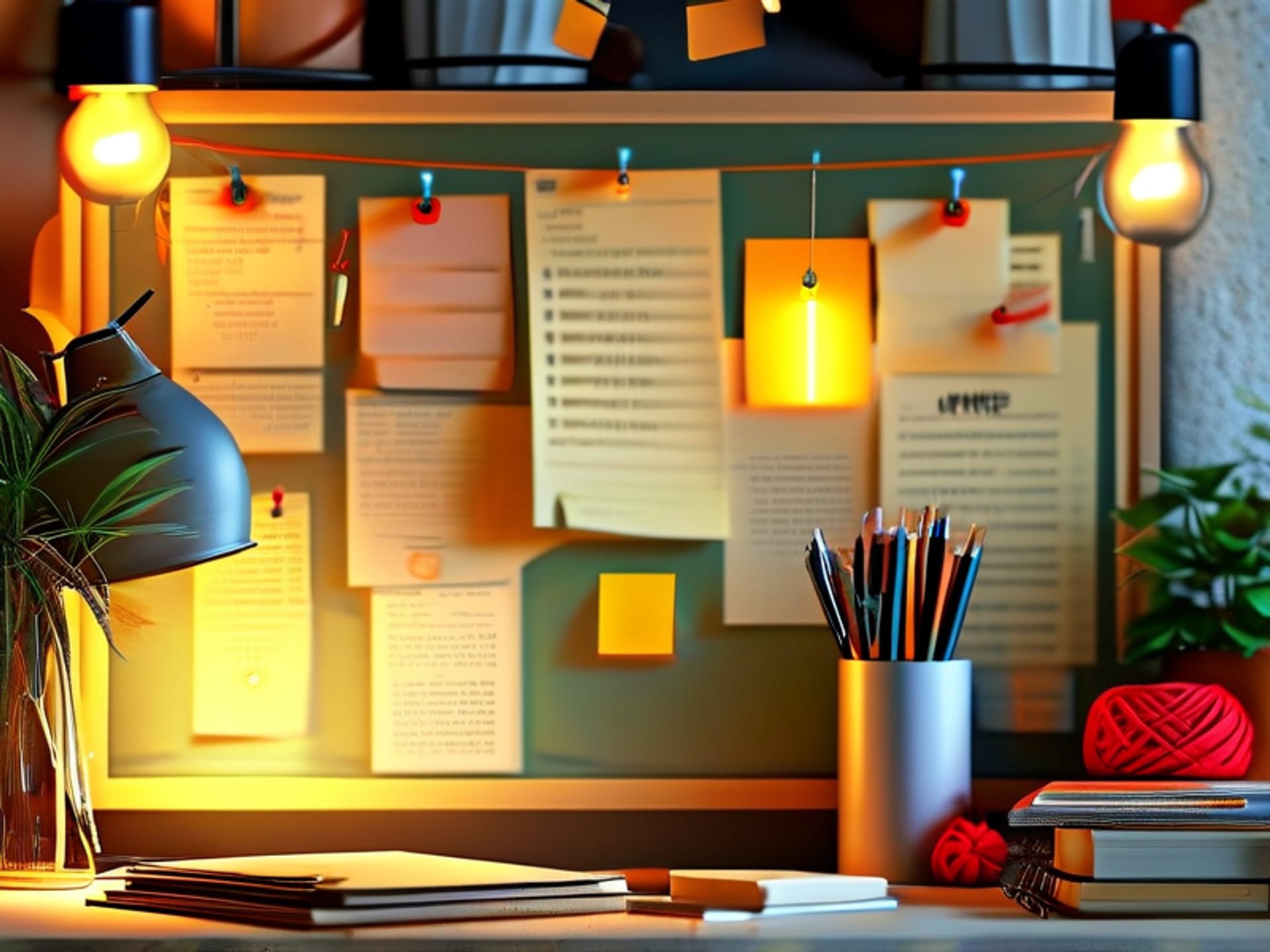 A cluttered bulletin board with printed social media posts, post-it notes, red yarn connecting ideas, top-down view, organized chaos, warm desk lamp light, analog aesthetic --ar 16:9