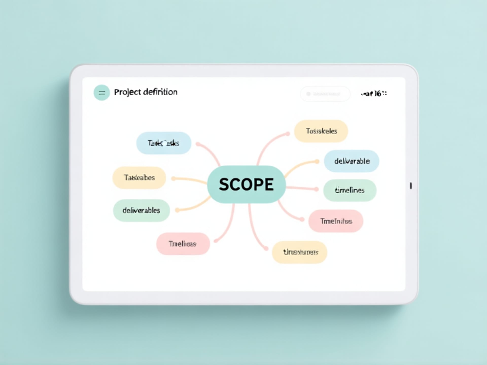 A top-down diagram of a mind map on a digital screen, labeled 'SCOPE', with branches for tasks, deliverables, timelines. Visual metaphor for project definition. Clean, minimalist, pastel colors. --ar 16:9