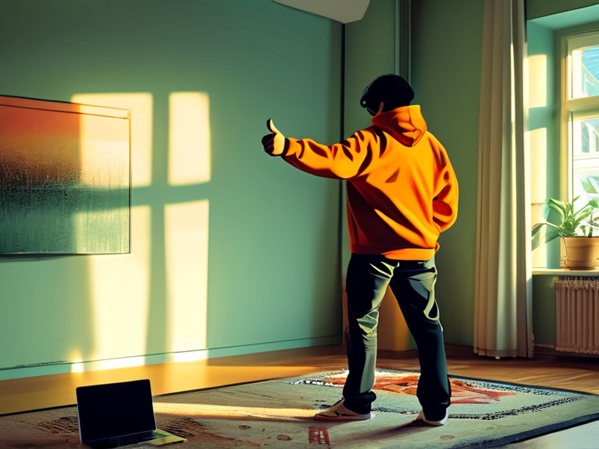 Midjourney Prompt: Person practicing against a simple living room wall, gesturing confidently. Phone on a tripod recording them. Open laptop nearby with a script paused. Warm, natural lighting, candid scene. Color grading to be peaceful and focused. --ar 16:9