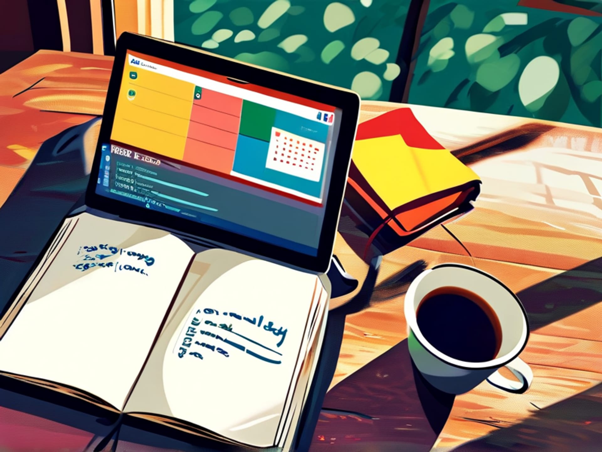 A cozy desktop scene with a laptop open to a simple, color-coded Google Sheets calendar, a coffee mug, and a notepad with scribbled ideas --style raw --ar 16:9