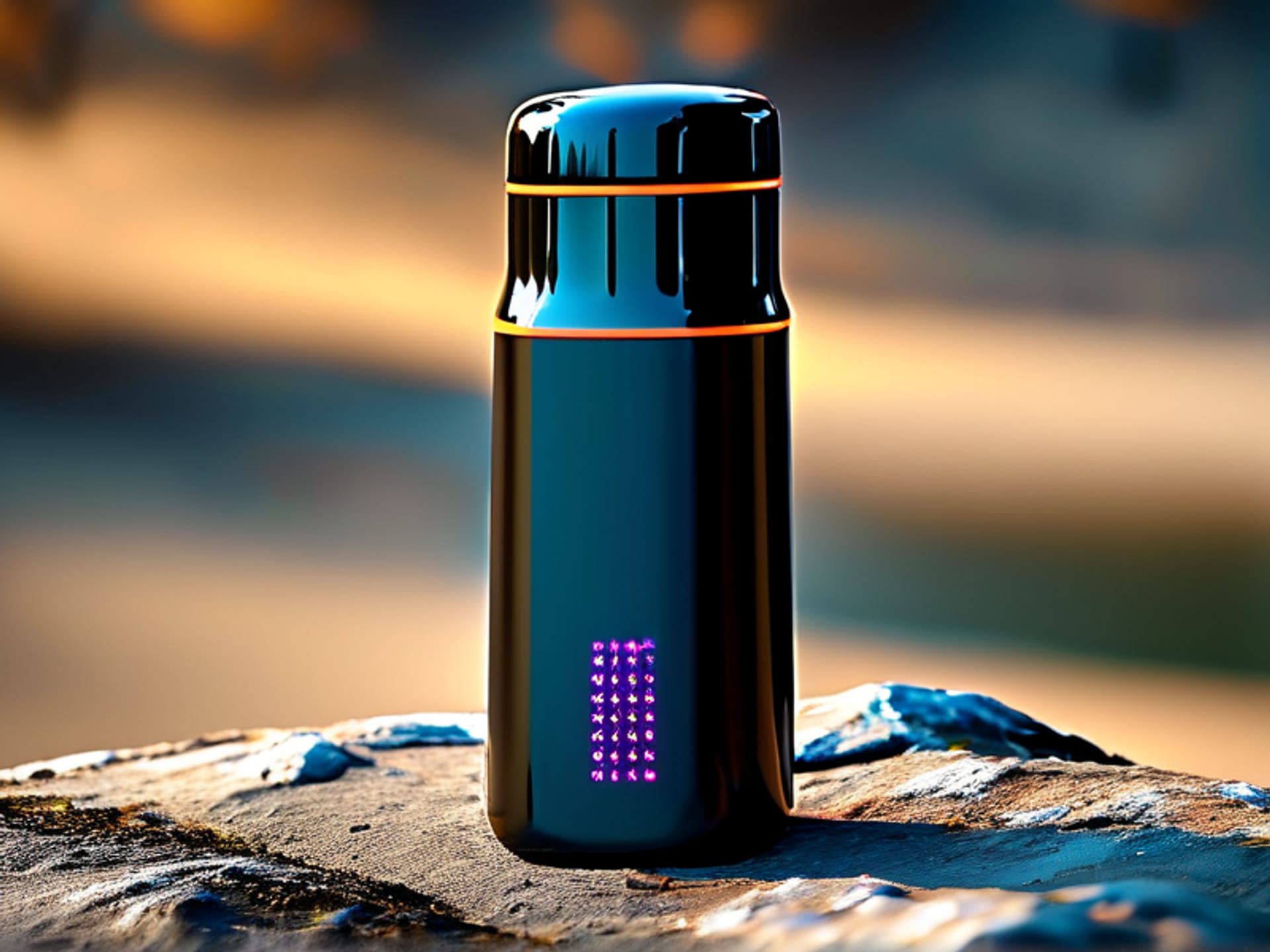 Midjourney prompt: A sleek, modern smart water bottle with a digital display showing